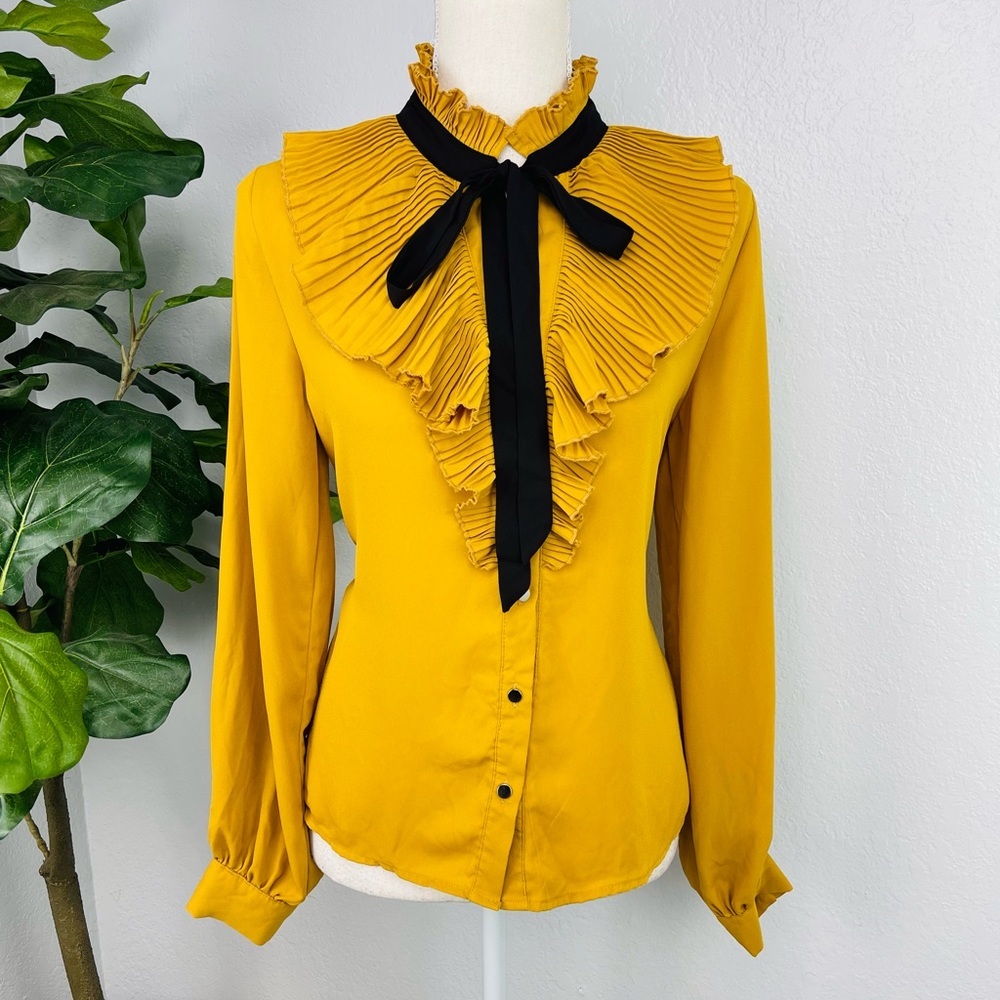 NEW Yellow Mustard Ruffle Button Down chiffon Blouse Long Sleeve Top